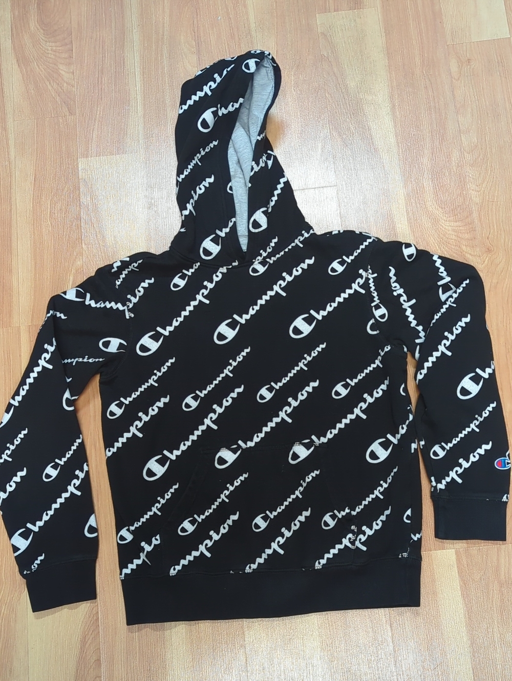 Champion Black Crewneck Hoodie with White All-Over Logo